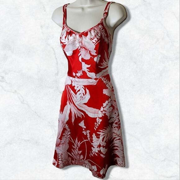Andrade Honolulu Hawaiian Vintage 1970's Floral Red & White Spaghetti Mini Dress - Picture 2 of 6